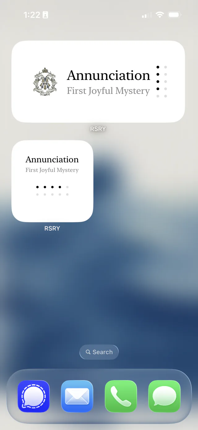 Wide and compact RSRY Home Screen widgets showing the current mystery and decade progress.